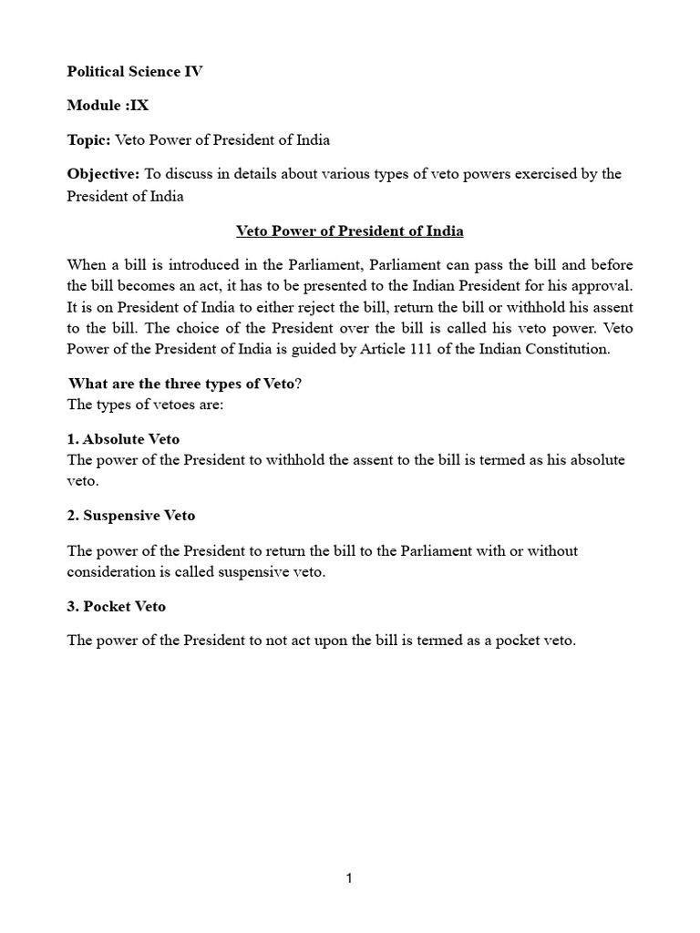 Veto Powers of India's President Explained | PDF | Bill (Law) | Veto