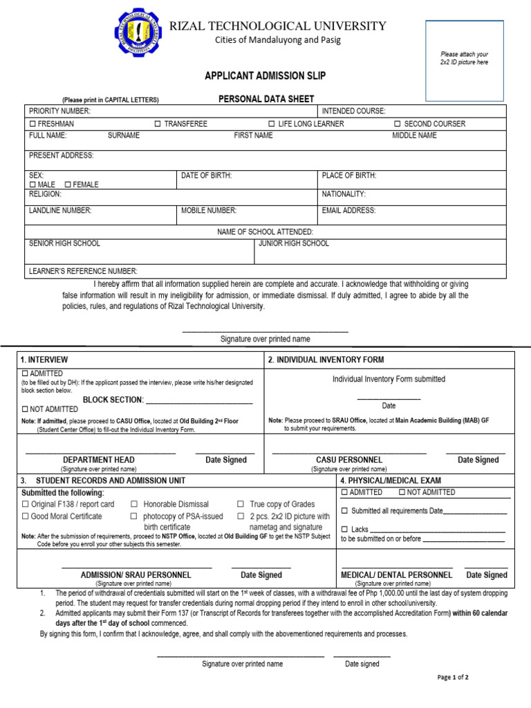 Rizal Technological University: Applicant Admission Slip | PDF