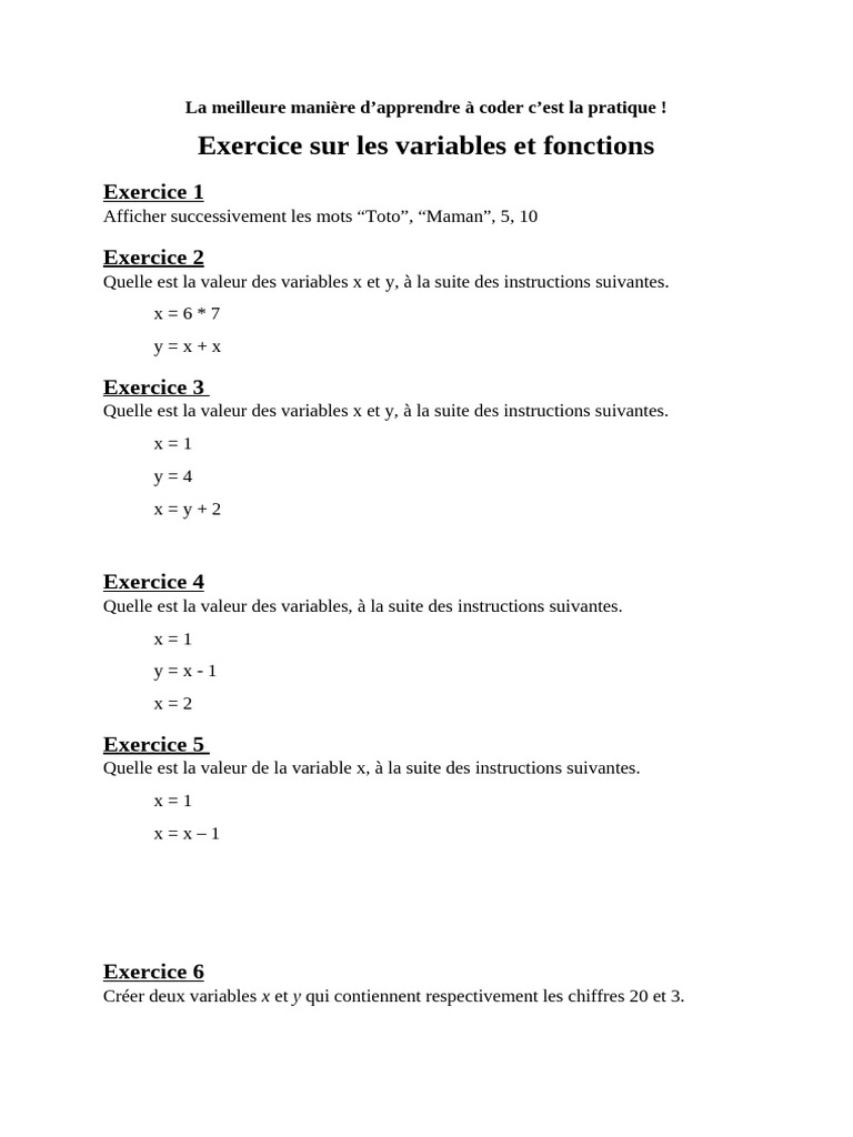 Exercices pratiques sur les variables et fonctions | PDF | Ordinateurs