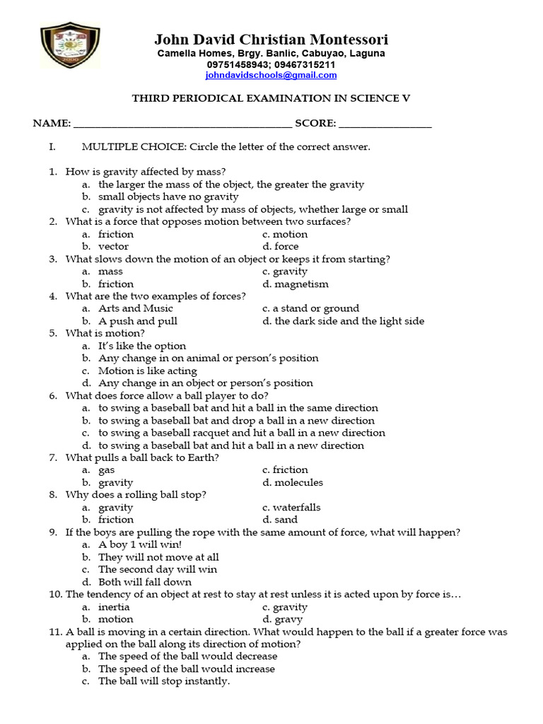 Science V Periodical Exam Questions | PDF | Force | Friction