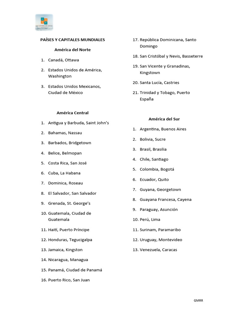 Países y sus capitales del mundo | PDF | Américas