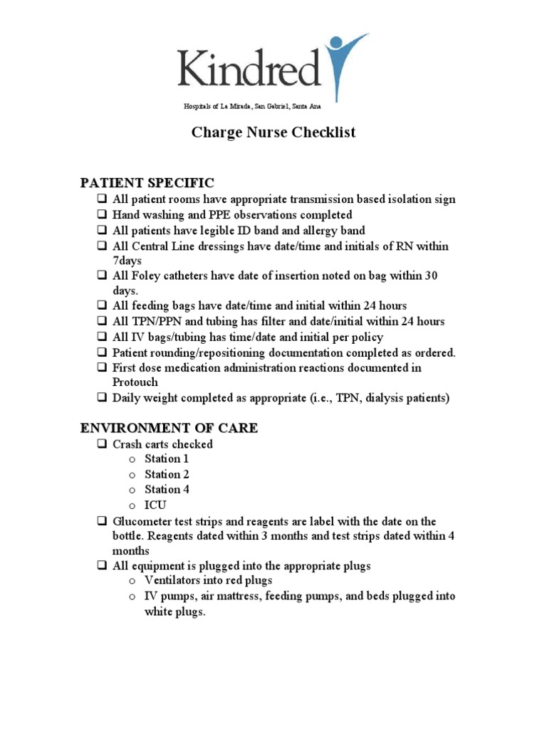 Charge Nurse Checklist PDF Intensive Care Unit Health Sciences