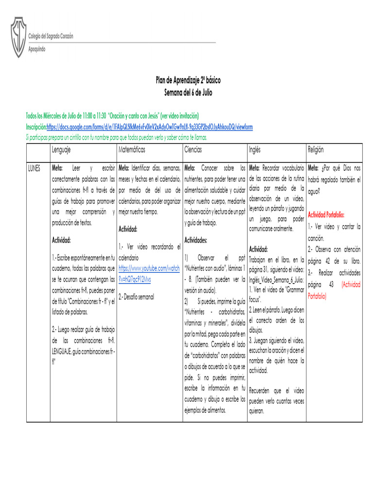 Plan de Aprendizaje 2º Básico Julio | PDF | Libros | Calendario