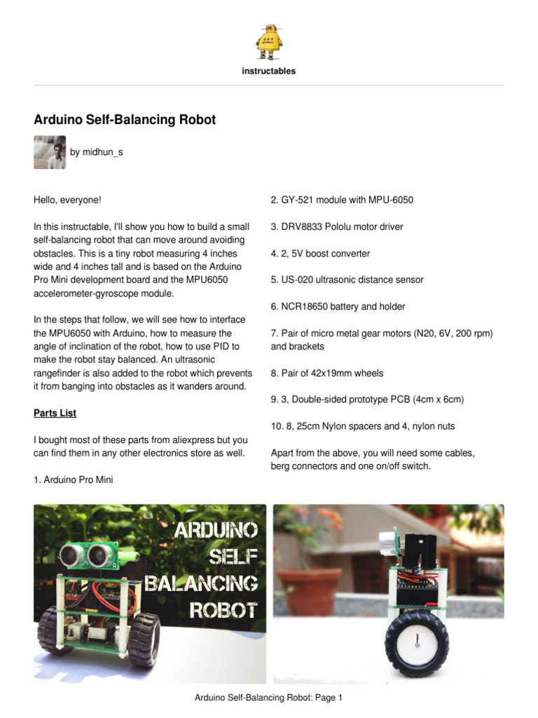 Arduino Self Balancing Robot 1 | PDF | Accelerometer | Power Supply