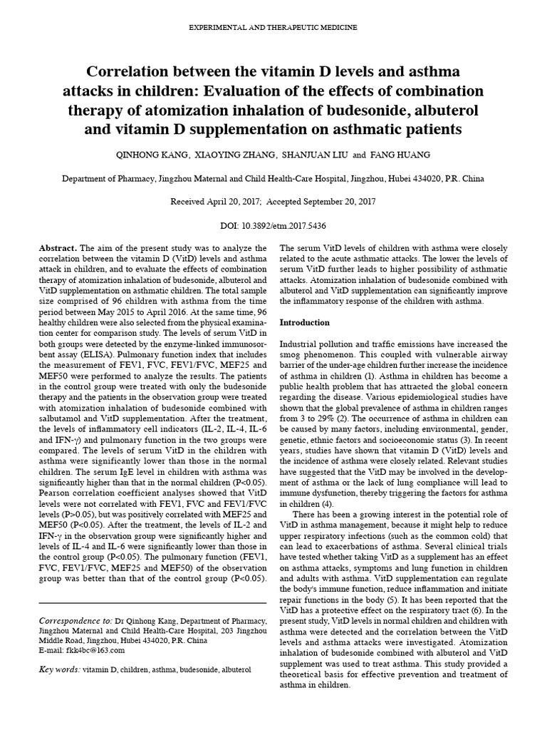 QINHONG KANG 2017 Correlation Between The Vitamin D Levels and Asthma ...