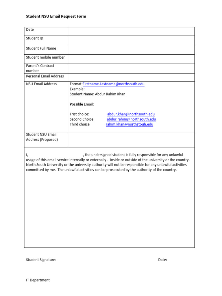 NSU Student Email Request Form | PDF | Law