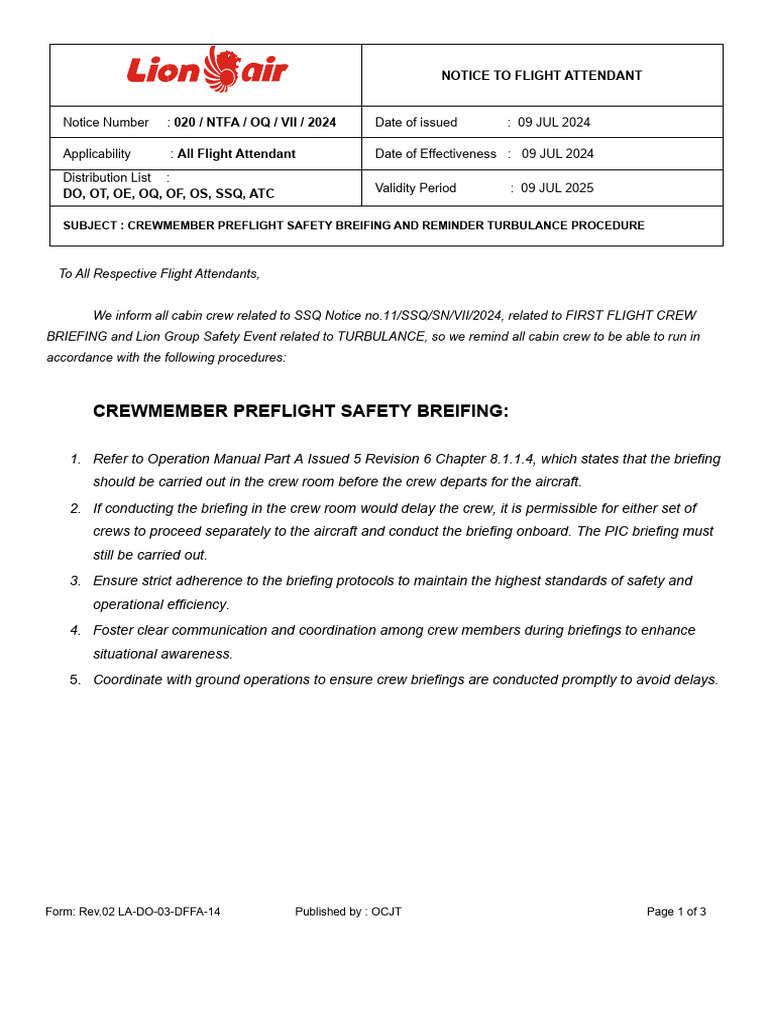 020 crewmember preflight safety breifing and reminder turbulance