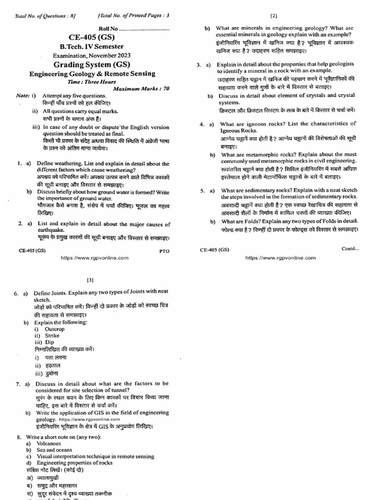 Ce 405 Engineering Geology and Remote Sensing Nov 2023 | PDF