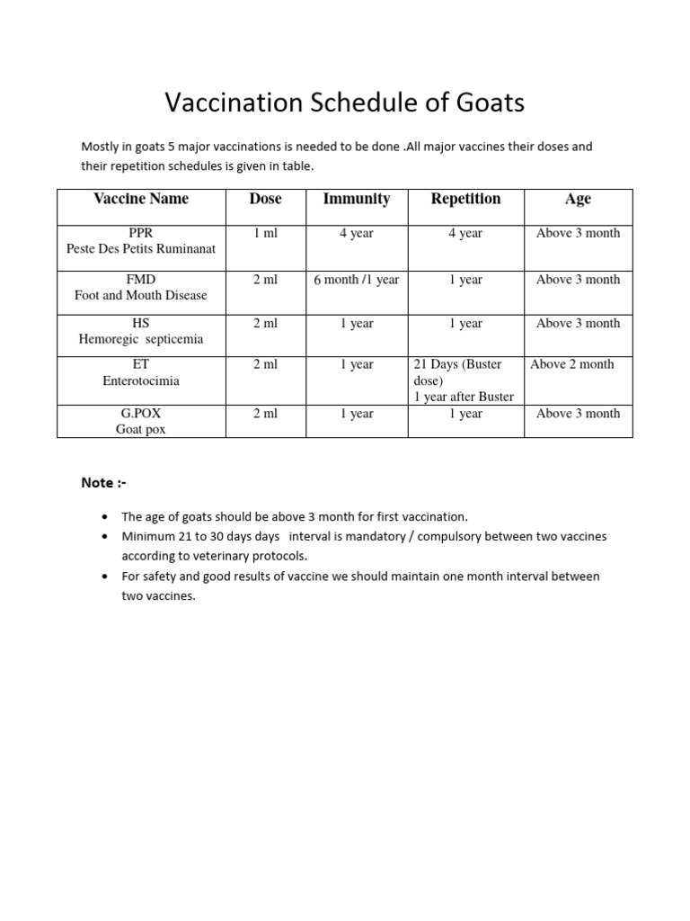 Goat Vaccination Schedule Overview | PDF | Medicine | Medical Specialties