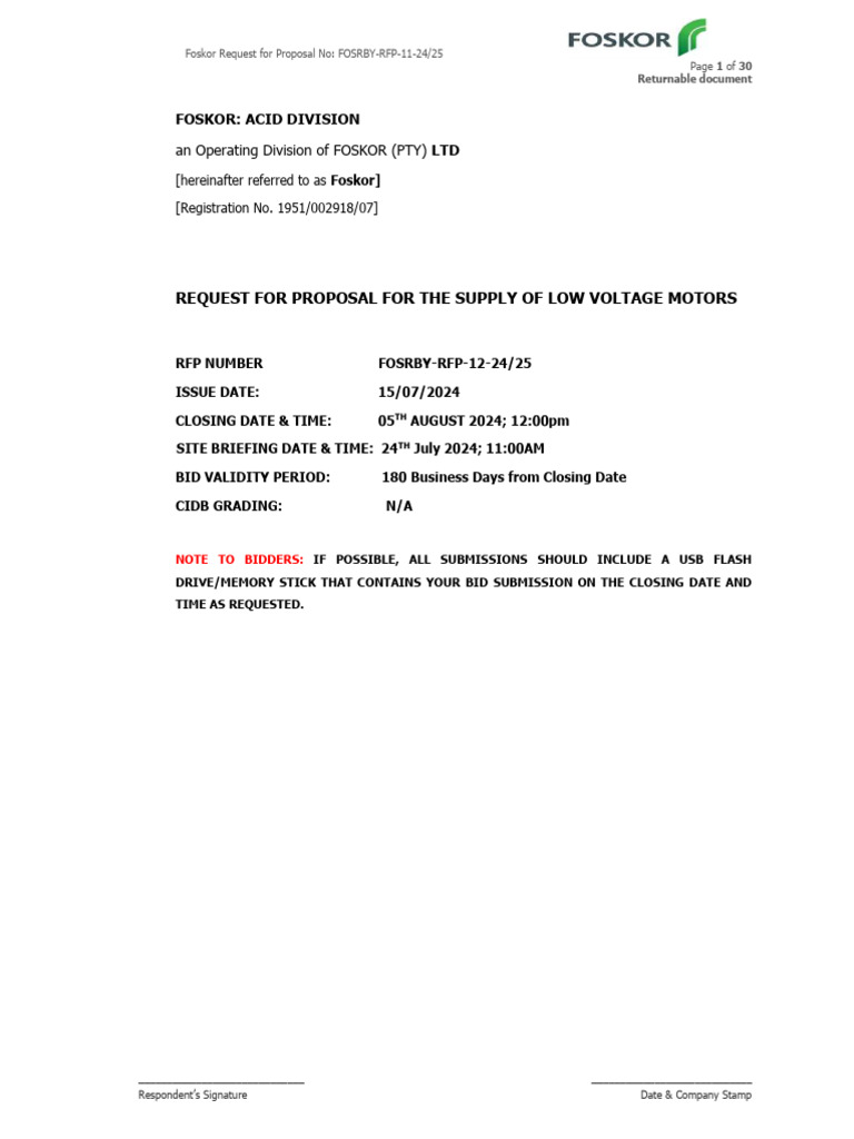 Foskor RFP for Low Voltage Motors | PDF | Request For Proposal | Taxes