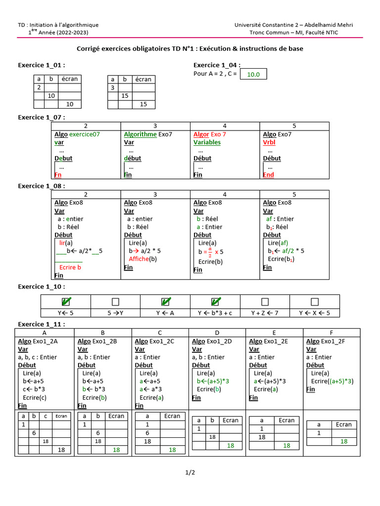 Corrigé Exercices Algorithmique TD1 | PDF