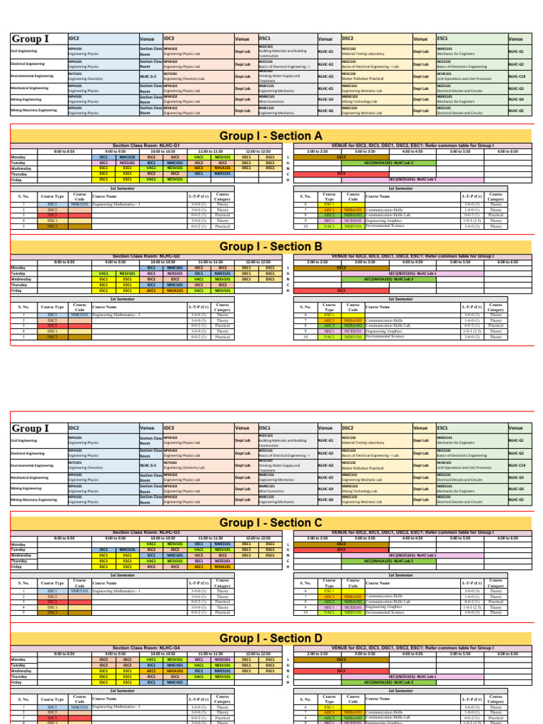 B Tech First Semester Time Table 2024-25 | PDF | Engineering | Laboratories