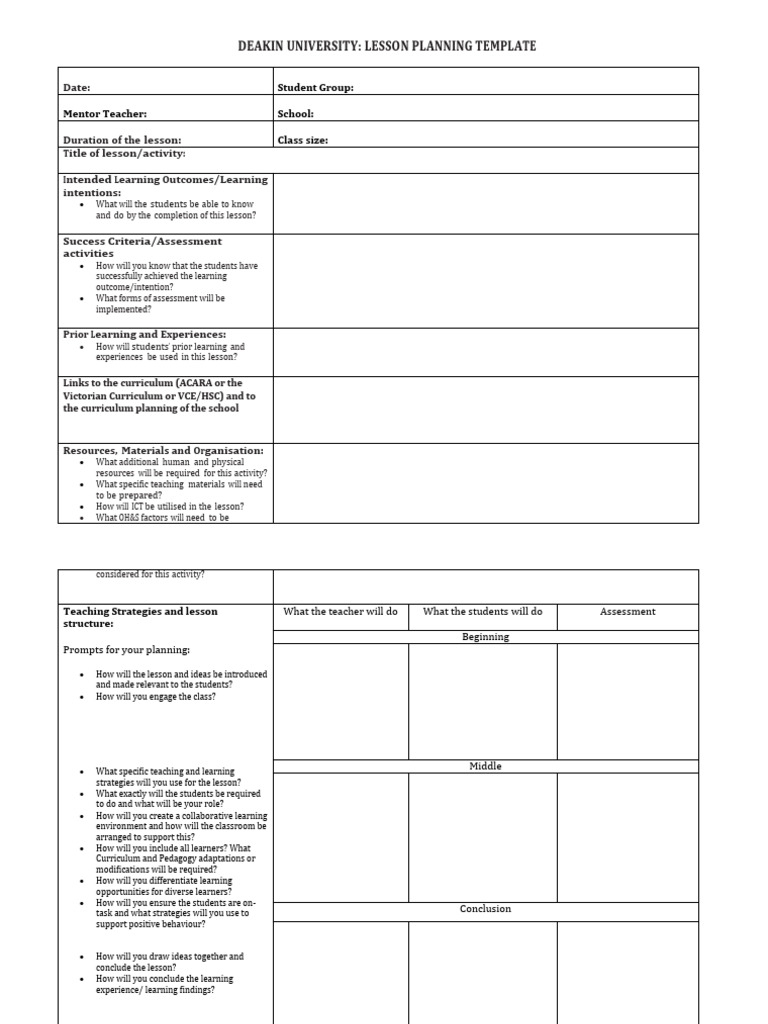 Deakin Lesson Planning Template | PDF | Teachers | Learning