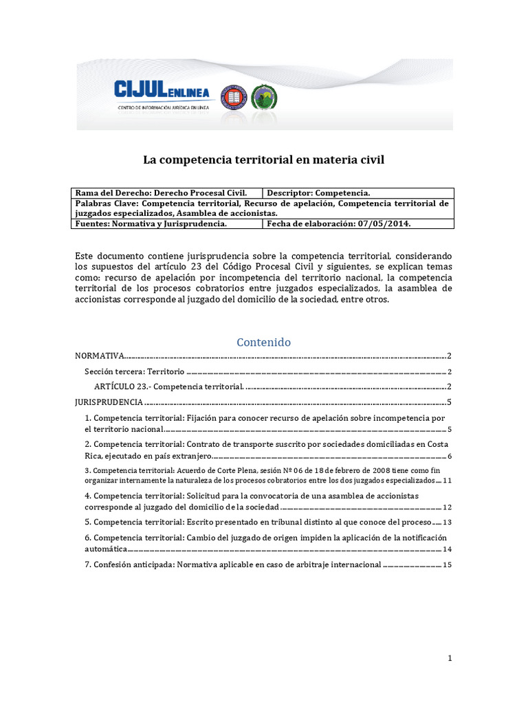Competencia Territorial en Derecho Civil | PDF | Ley procesal ...