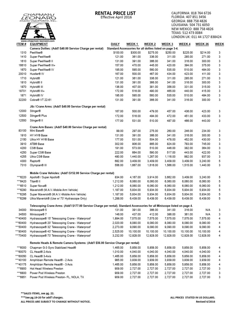 Rental Price List 2016 | PDF | Steering | Camera