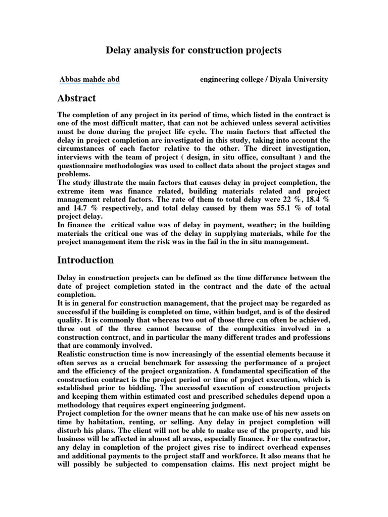 Construction Project Delay Analysis | PDF | Employment | Consultant