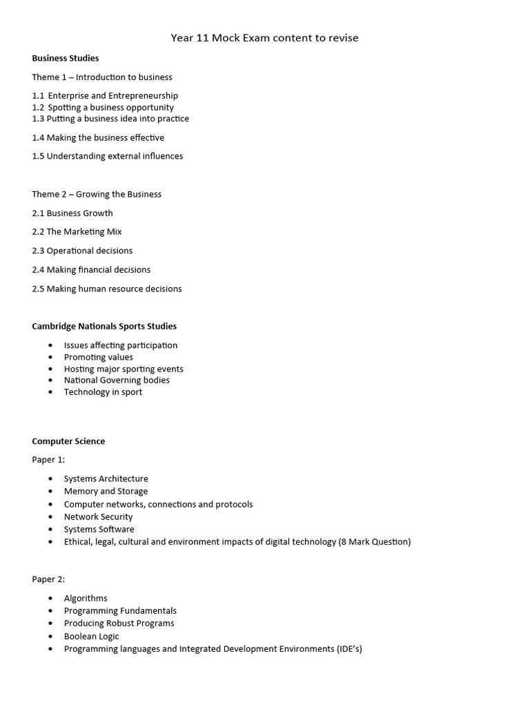 Year 11 Mock Exam Content To Revise: Business Studies | PDF ...