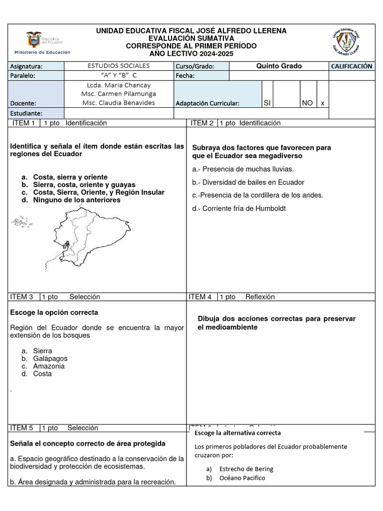 Examen de Estudios Sociales 5to Grado | PDF | Ecuador | Entorno natural
