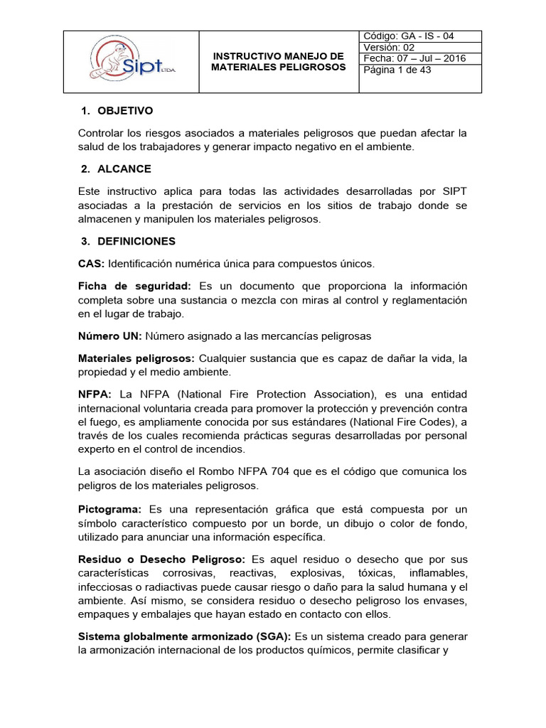 Instructivo de Manejo de Materiales Peligrosos | PDF | Mercancías ...