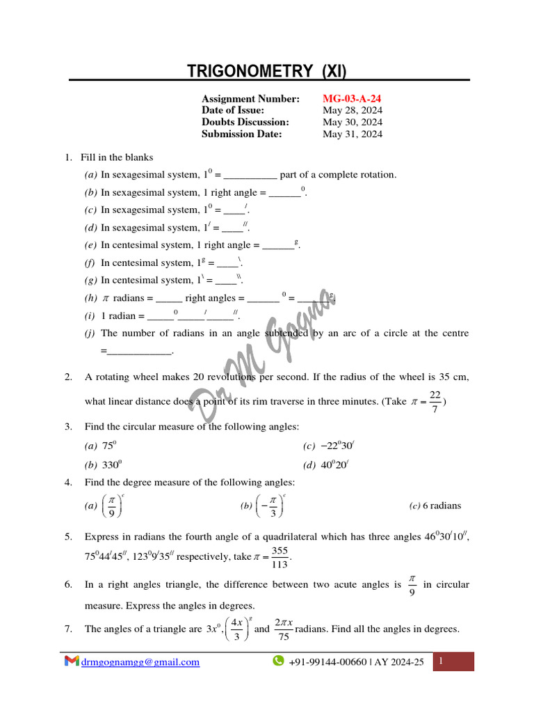 Trigonometry Assignment XI 2024-25 | PDF | Angle | Triangle