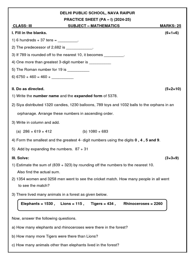 Class 3 Maths Practice Sheet | PDF