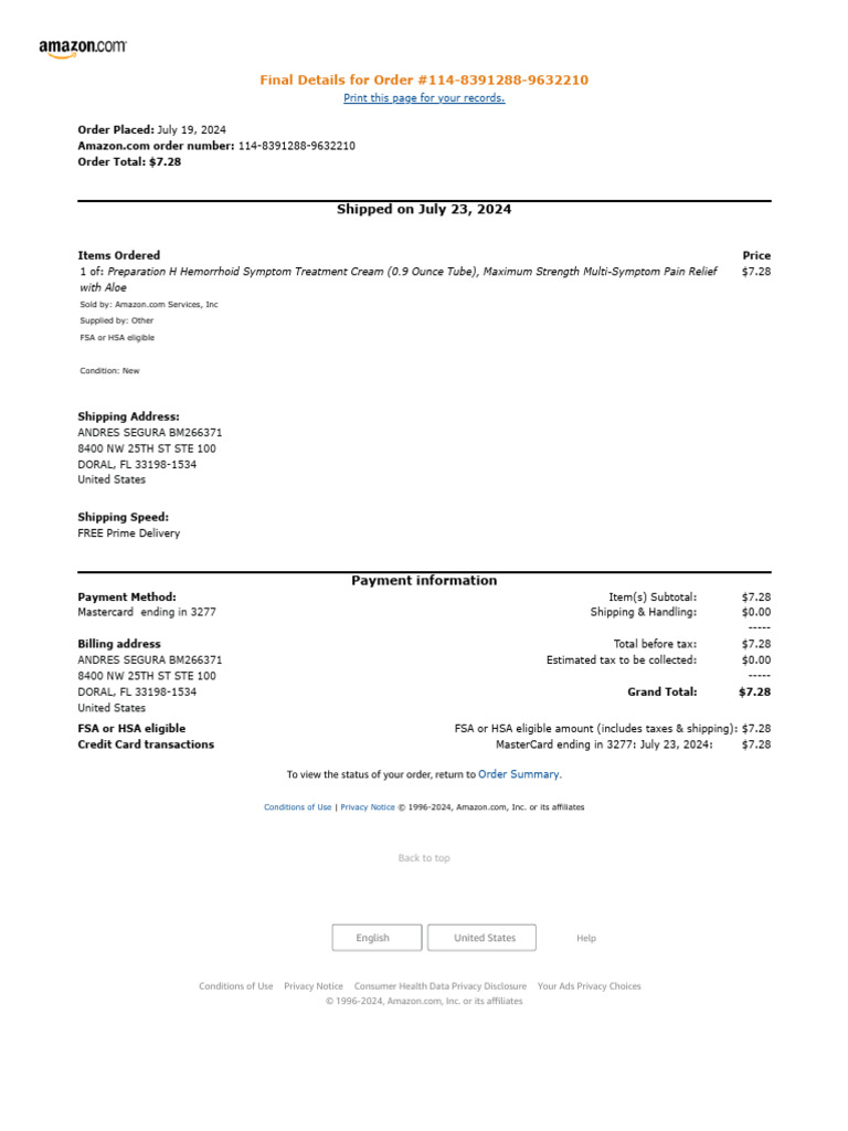 Amazon Order Confirmation for Preparation H | PDF | Health Savings ...