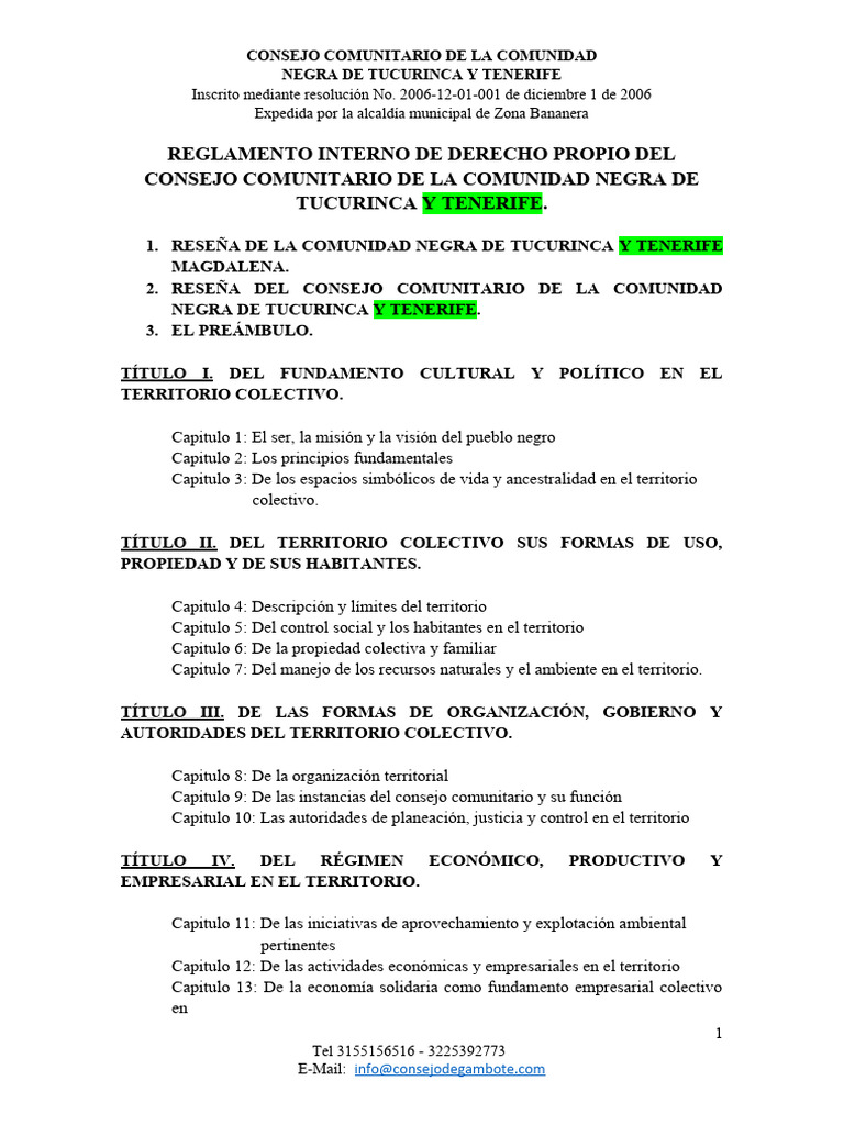 Reglamento Interno de Derecho Propio Del Consejo Comunitario de La ...