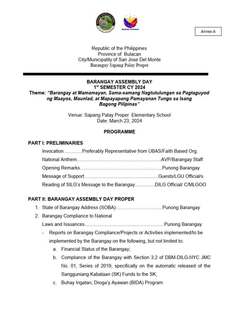 1ST Brgy. Assembly - Spproper - 03.23.24 | PDF