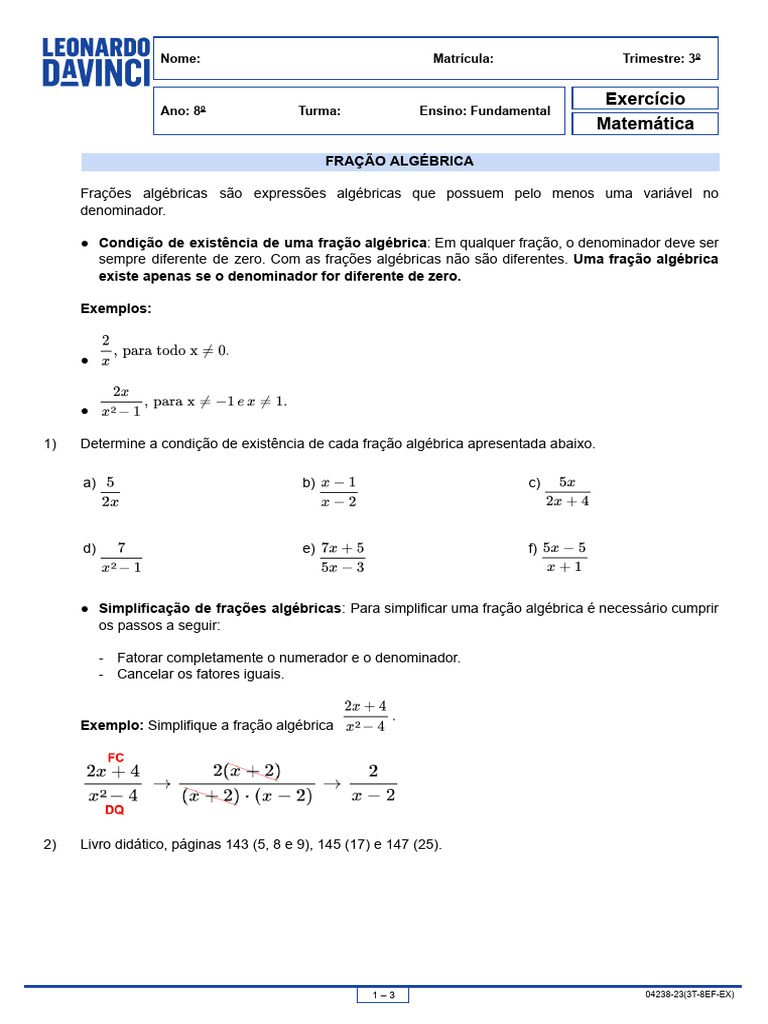 Frações Algébricas: Condições e Operações | PDF | Matemática elementar ...