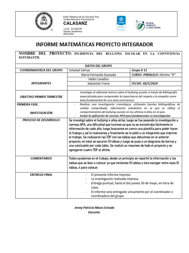 Informe Matemáticas Proyecto | PDF | Science