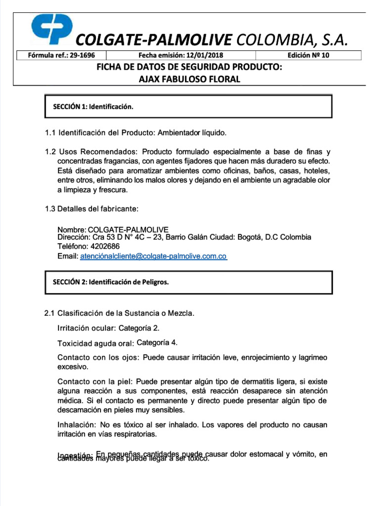 Hoja de Seguridad Fabuloso 2023 | PDF | Agua | Química