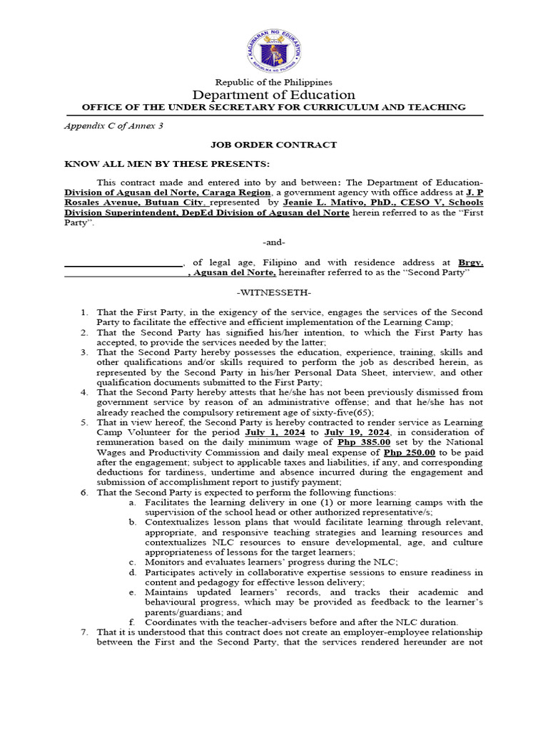 Learning Camp Volunteer Contract 2024 | PDF | Learning