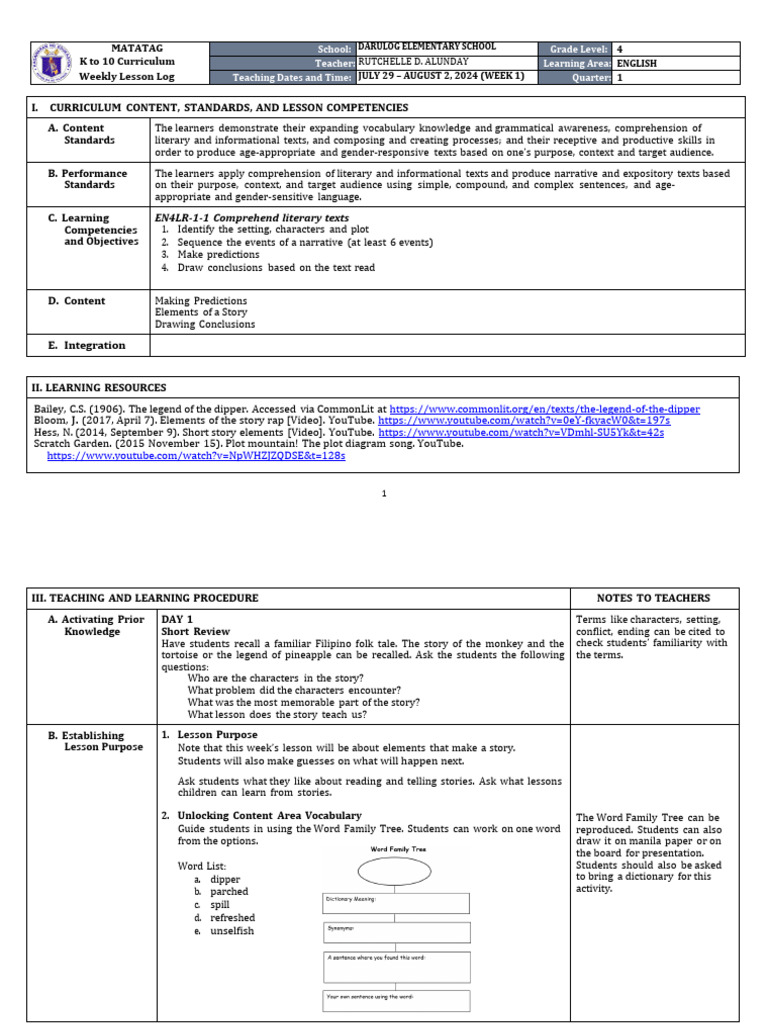Grade 4 English Week 1 Lesson Plan | PDF | Reading Comprehension | Learning
