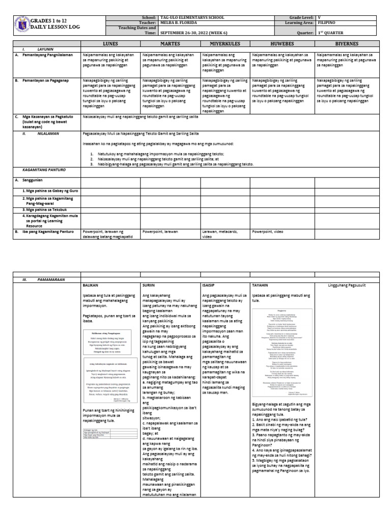 DLL - Filipino 5 - Q1 - W6 | PDF