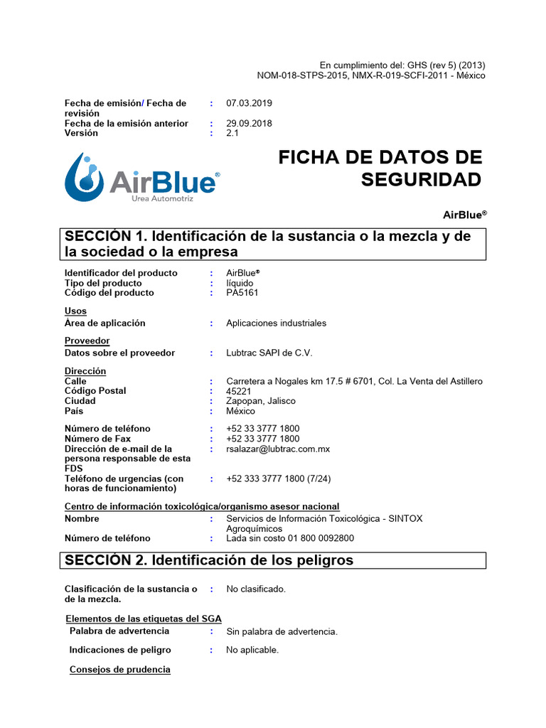 Ficha de Seguridad AirBlue® Urea | PDF | Agua | Residuos