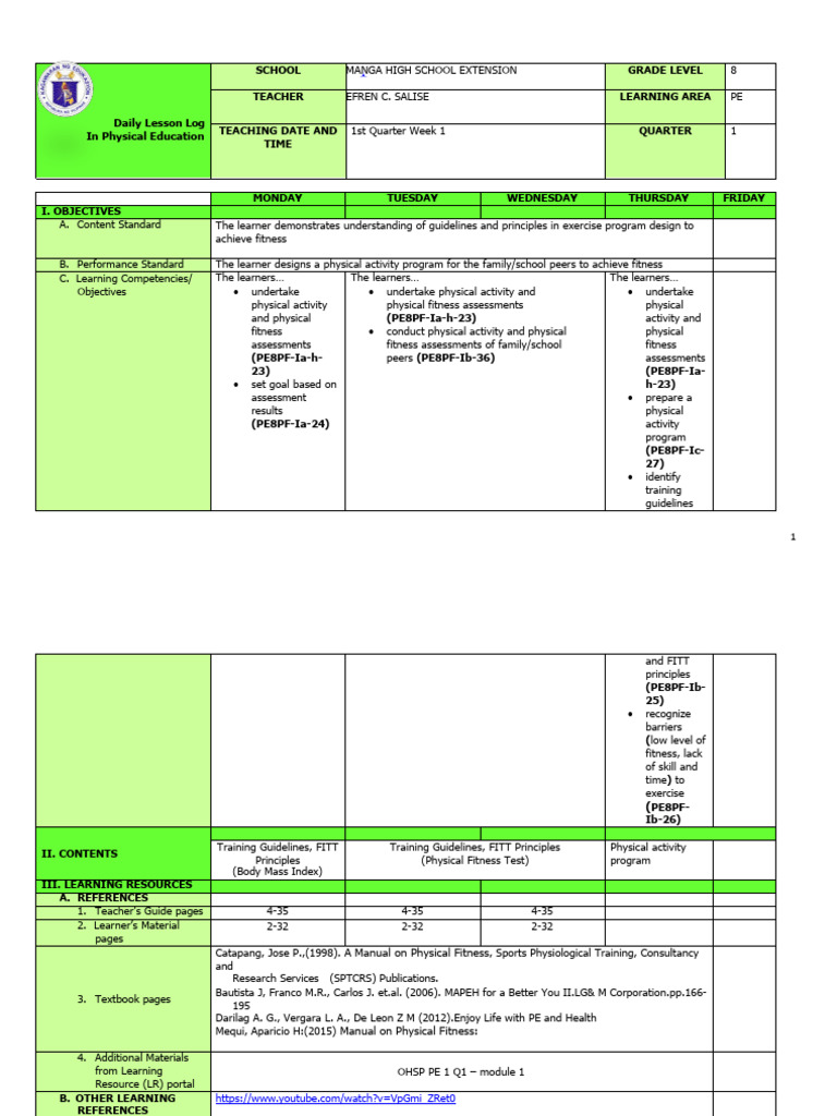 Q1 Grade 8 PE DLL Week 1 | PDF | Physical Fitness | Learning