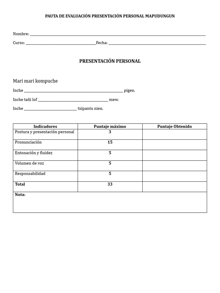 Evaluación de Presentación en Mapudungun | PDF