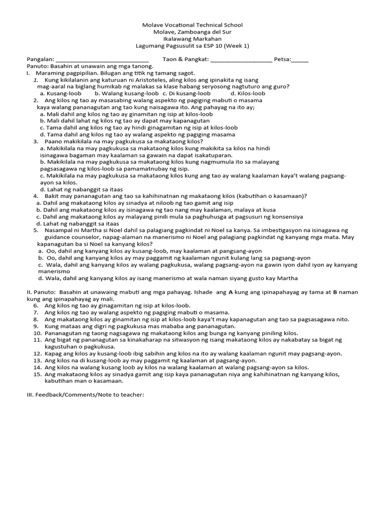 ESP 10 Summative Test | PDF