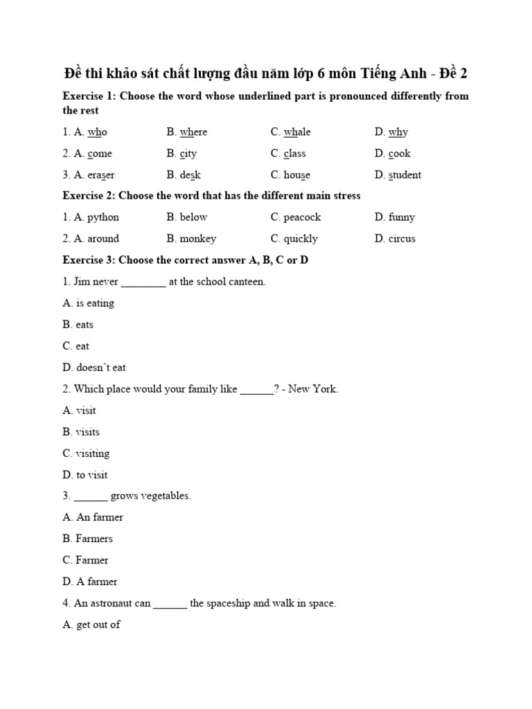 De Thi Khao Sat Chat Luong Dau Nam Lop 6 Mon Tieng Anh de 2 | PDF