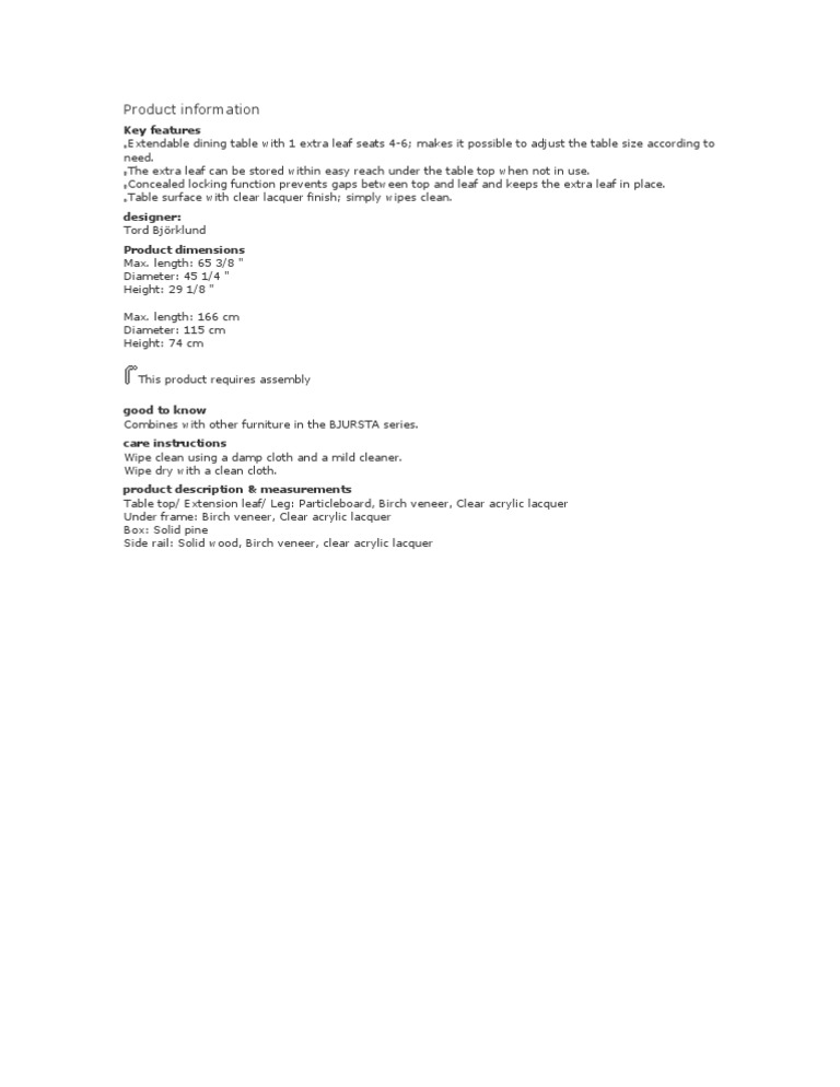 Dining Table Product Information | PDF | Cooking, Food & Wine