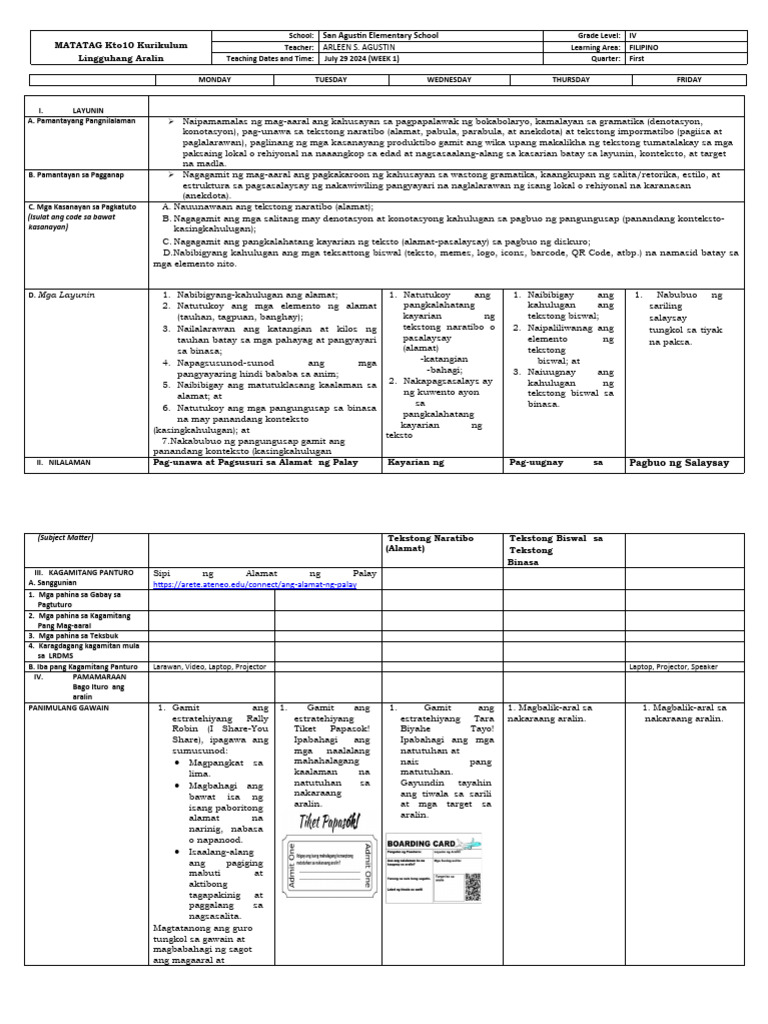 DLL - FILIPIN0 Quarter 1 Matatag Week 1 | PDF