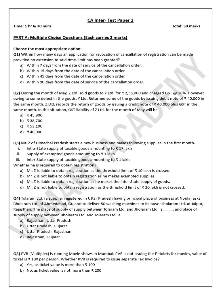 CA Inter GST Test Paper 1 Questions | PDF | Taxes | Government Finances