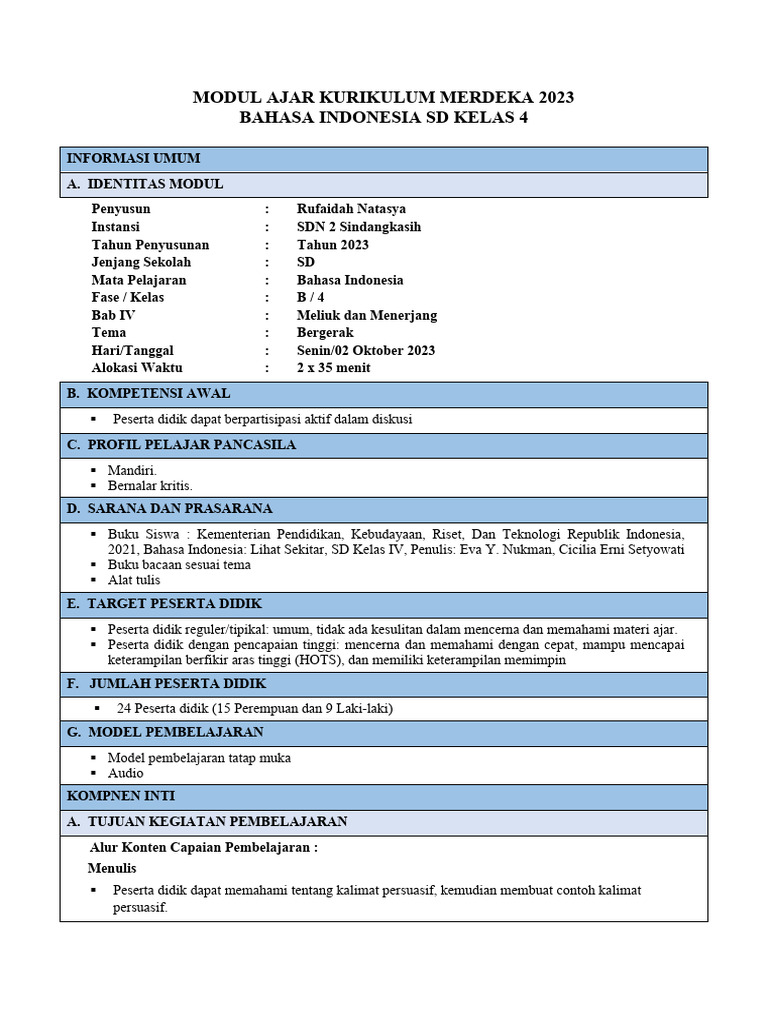 Modul Ajar Bahasa Indonesia SD Kelas 4 | PDF | Seni & Disiplin Bahasa ...