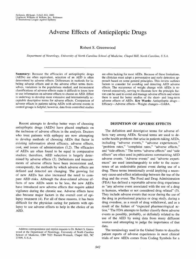 Adverse Effects of Antiepileptic Drugs: Robert S. Greenwood | PDF ...