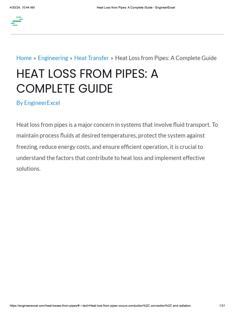 Heat Loss From Pipes - A Complete Guide - EngineerExcel | PDF | Heat ...
