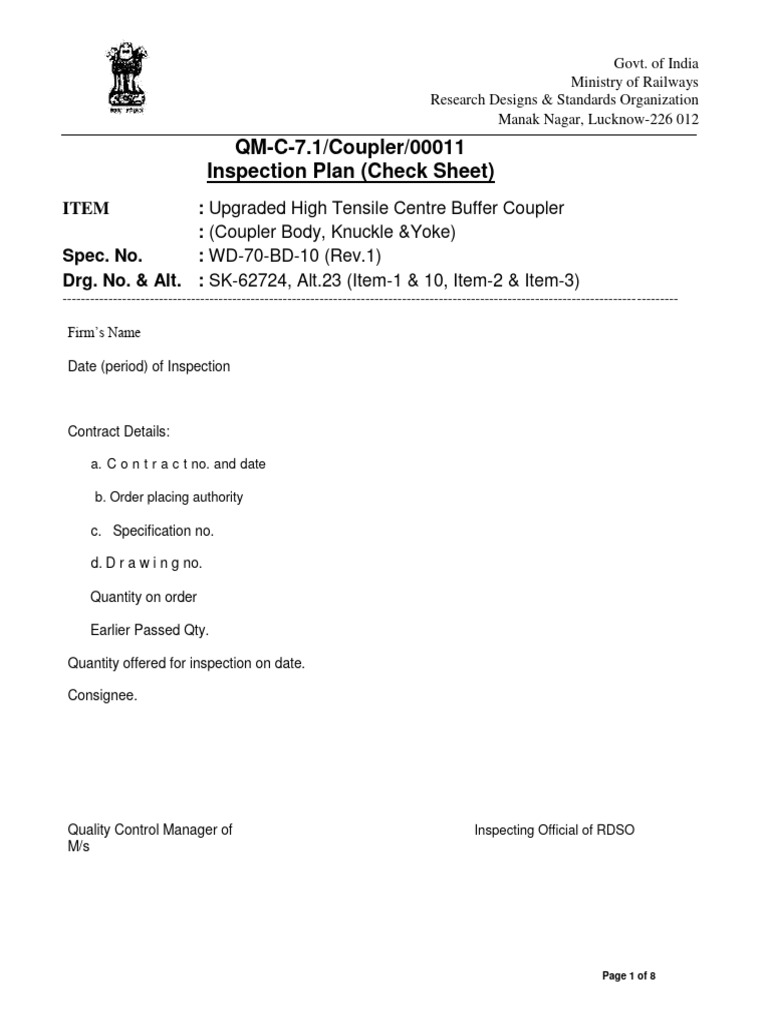 Inspection Plan for BD Coupler 70 | PDF | Metals | Secondary Sector Of ...