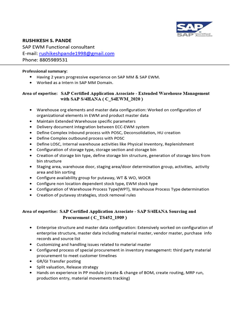 Rushikesh Pande: SAP EWM Consultant Profile | PDF | Warehouse | Inventory