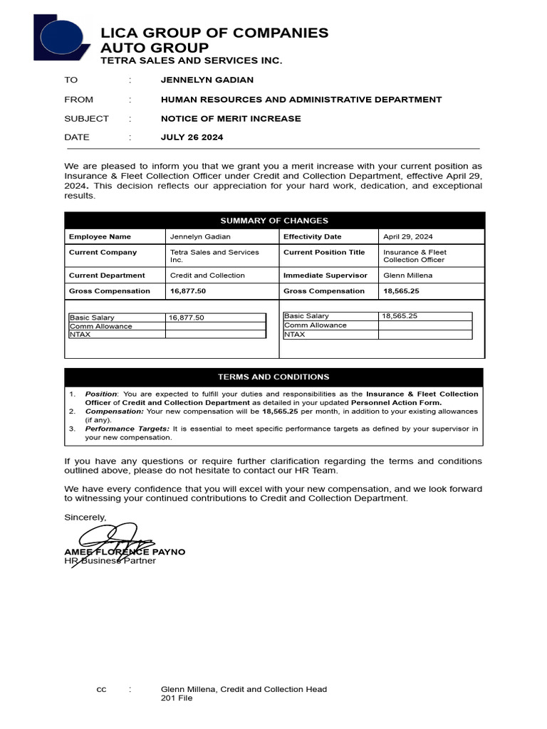 Template - Notice of Merit Increase (Jennelyn Gadian) | PDF