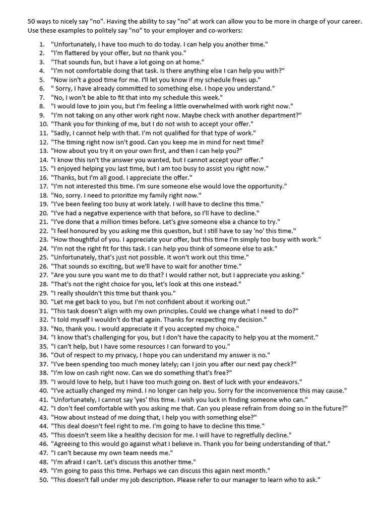 50 Polite Ways to Say No at Work | PDF | Self-Improvement
