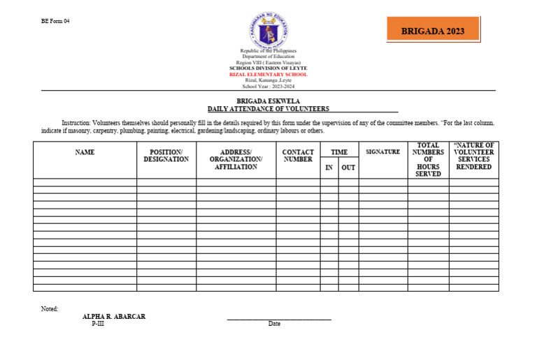 Be form 4 brigada attendance pdf